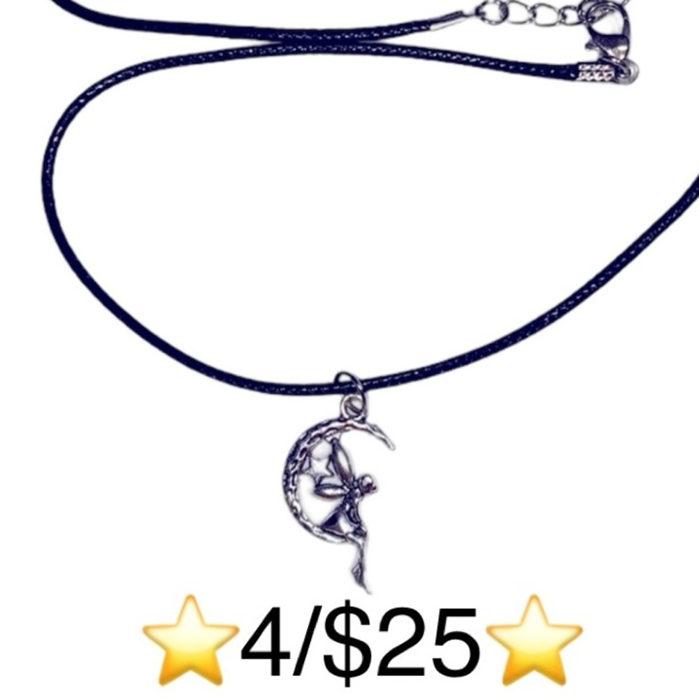 Hand Crafted Fairy on Crescent Moon w/ Star Necklace on Black Faux Leather Cord